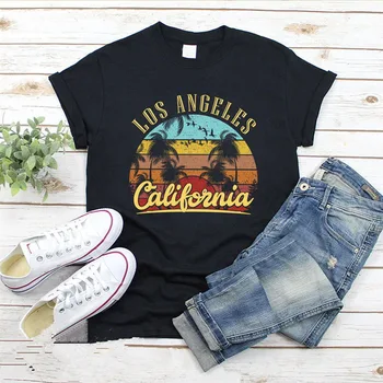 LOS ANDŽELO Kalifornijos Laiškas Spausdinti Marškinėlius Moterų Paplūdimio Kraštovaizdžio Grafinis Tees Trumpas Rankovės O-kaklo Vasaros marškinėliai Moteriška T-shirts