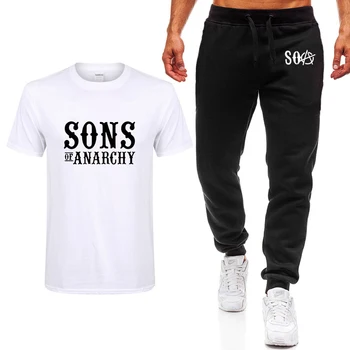 Karšto TV SOA Sons of Anarchy Cosplay Kostiumų Vyrai T-shirt SAMCRO Kaukolė Spausdinti aukštos kokybės Medvilnės, trumpomis rankovėmis T Marškinėliai+kelnės kostiumas