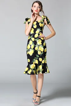 Tinkinti Vasaros kilimo ir tūpimo Tako Dizainerių Boutique Suknelė Moterų Aukštos Kokybės Šviežių Geltonos Citrinos Spausdinti Lankas Petį, Mermaid Dress