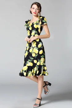 Tinkinti Vasaros kilimo ir tūpimo Tako Dizainerių Boutique Suknelė Moterų Aukštos Kokybės Šviežių Geltonos Citrinos Spausdinti Lankas Petį, Mermaid Dress