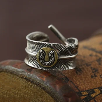 Žiedas Nekilnojamojo 925 sterlingas sidabro Bohemijos Derliaus Plunksnų Kalėdų Dovana Reguliuojamas Žiedo Vyrų papuošalai MR8