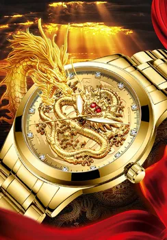 FNGEEN viršuje prabangių laikrodžių vyrams kvarco žiūrėti vyrų dragon modelio šviesos aukso spalvos kvarco nerūdijančio plieno juosta relogio masculino