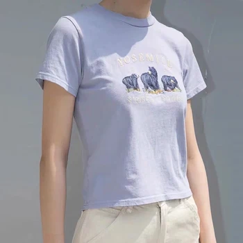 Moterų Siuvinėjimo Tenka Sumontuoti T-marškinėliai trumpomis Rankovėmis Viršuje Atsitiktinis Tee