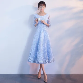 Šviesiai Mėlynos Moterų Ilgas Šalis Suknelė Nauja Cheongsam Elegantiškas Qipao Kinų stiliaus O-Kaklo Pusė Rankovės Tinklelio Suknelė Vestido XS-XXL