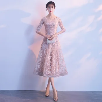 Šviesiai Mėlynos Moterų Ilgas Šalis Suknelė Nauja Cheongsam Elegantiškas Qipao Kinų stiliaus O-Kaklo Pusė Rankovės Tinklelio Suknelė Vestido XS-XXL