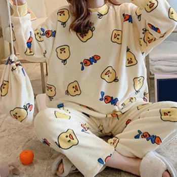2020 M. Žiemos Flanelė Šilta Pižama Korėjos Kawaii Animacinių Filmų Pajama Mados Pijama Mujer Laisvalaikio Namuose Medžiaga Pyjama Moterų Sleepwear