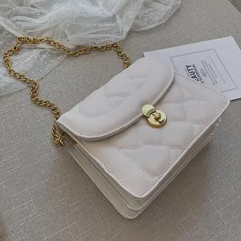 Elegantiškas Moterų temperamentas Aikštėje maišelį 2019 Kokybės PU oda Moterų Dizaineris Rankinės Grotelės Užraktas Grandinės Petį Krepšys