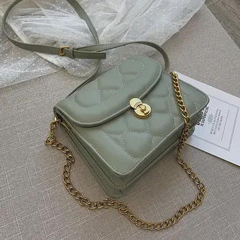 Elegantiškas Moterų temperamentas Aikštėje maišelį 2019 Kokybės PU oda Moterų Dizaineris Rankinės Grotelės Užraktas Grandinės Petį Krepšys
