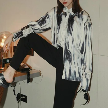 Kimotimo Palaidinė Marškinėliai 2020 M. Rudenį Ilgomis Rankovėmis, Kaklaraištis Dažų Derliaus Moterų Viršūnių Streetwear Negabaritinių Elegantiškas Harajuku Marškiniai, Elegantiškos Korėjos