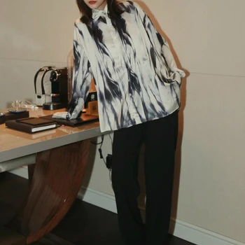 Kimotimo Palaidinė Marškinėliai 2020 M. Rudenį Ilgomis Rankovėmis, Kaklaraištis Dažų Derliaus Moterų Viršūnių Streetwear Negabaritinių Elegantiškas Harajuku Marškiniai, Elegantiškos Korėjos