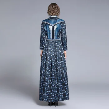 Rudenį Ilgomis Rankovėmis Office Suknelė Moterims Bohemijos Blue Print Korėjos Aukšto Juosmens Lankas Apdailos Plonas Elegantiškas Šalis Suknelės Vestidos
