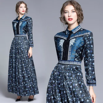 Rudenį Ilgomis Rankovėmis Office Suknelė Moterims Bohemijos Blue Print Korėjos Aukšto Juosmens Lankas Apdailos Plonas Elegantiškas Šalis Suknelės Vestidos