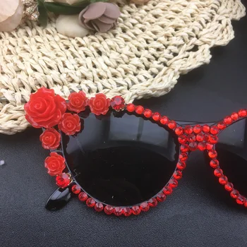 Mados baroko Raudona Rožė Gėlių akiniai nuo saulės moterims, moteriška Prekės Kristalų, Brangakmenių Akiniai nuo saulės Juosta Apdaila