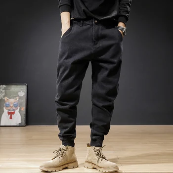 Japonijos Vintage Mados Vyrai Jeans Black Spliced Dizaineris Džinsinio Krovinių Kelnės Streetwear Hip-Hop Poilsiu Pločio Kojų Baggy Kelnės
