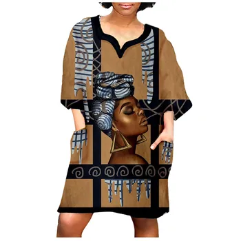 40# Moterų Vasaros Suknelė Moterims Afrikos Derliaus Spausdinimo Viduryje Rankovėmis V-Kaklo Atsitiktinis Palaidų Mini Suknelė Vestidos Femininos Vestido