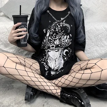 Juoda Tamsiai Goth Moteris Ilgai marškinėliai 2020 Ponia Ragana Animacinių filmų Spausdinti Žiedu Grandines Hipster Marškinėlius Gothic Punk Kietas Pagrindinio Suknelė Viršų