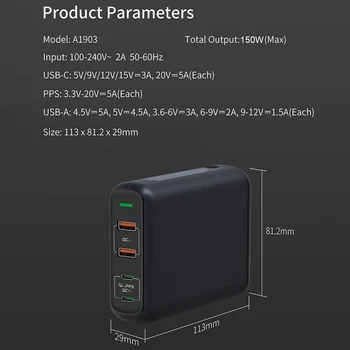 UTBVO 150W GaN USB-C Maitinimo Adapteris 100W PD3.0 KK 4.0 3.0 Įkroviklio MacBook Pro/Air 
