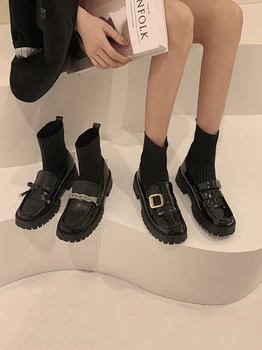 Moterų batai 2020 naujų rudens mados atsitiktinis storo kulno neslidžia odiniai batai elastinės kojinės susiuvimo batai