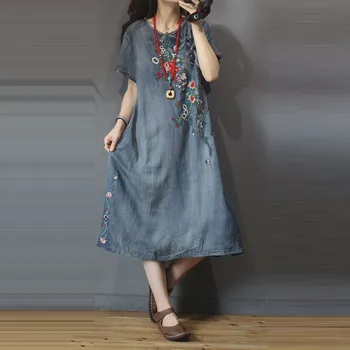 2020 metų Vasaros Naujas Meno Stilius, Moterų trumpomis Rankovėmis Laisvi O-kaklo Ilga Suknelė ir Gėlių Siuvinėjimas Derliaus Medvilnės Džinsinio audinio Suknelės M201