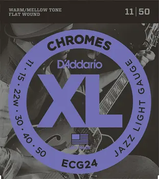 D'Addario ECG24 XL Chromes Džiazo Šviesos Elektrinės Gitaros Stygos Flatwound, Džiazo Šviesos, 11-50