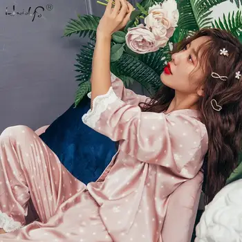Šilko Pižama Saldus Nėrinių Pajama Komplektai Moterų V-kaklo, ilgomis Rankovėmis Pižamos Kostiumas Moterims Satino Sleepwear