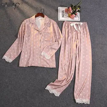 Šilko Pižama Saldus Nėrinių Pajama Komplektai Moterų V-kaklo, ilgomis Rankovėmis Pižamos Kostiumas Moterims Satino Sleepwear
