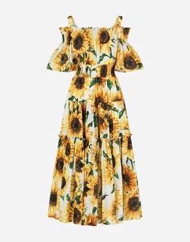 Mados kilimo ir tūpimo Tako Atsitiktinis Vasaros Suknelė Moterų Off Peties Elegantiška Geltona Saulėgrąžų Spausdinti Elastinga Juosmens Midi Linijos Atostogų Suknelė