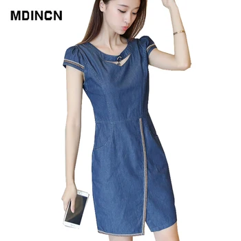MDINCN Karšto pardavimo 2020 naujas vasaros džinsinio audinio suknelė moterims prarasti mados jean suknelė lady slim trumpomis rankovėmis plius dydis