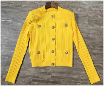 Moterų megzti megztinis vasaros 2020 prabangos dizaineris viena breasted ilgomis rankovėmis trumpas plonas megztinis viršūnes geltona juoda balta