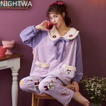 NIGHTWA Nauja, Moterų Žiemos Pižama Nustatyti Moterų Sleepwear Šiltas Flanelė Pižama ilgomis Rankovėmis Violetinė Mielas Homewear Storos Namo Kostiumas