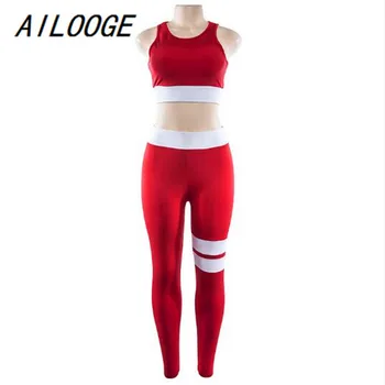 AILOOGE Moterų Fitneso Kostiumai Apkarpytos Bakas Treniruotės Liemenėlė Viršų Ir Legging Kelnės 2 vnt Mados Moterų Raudona Dryžuota Sexy