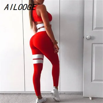 AILOOGE Moterų Fitneso Kostiumai Apkarpytos Bakas Treniruotės Liemenėlė Viršų Ir Legging Kelnės 2 vnt Mados Moterų Raudona Dryžuota Sexy