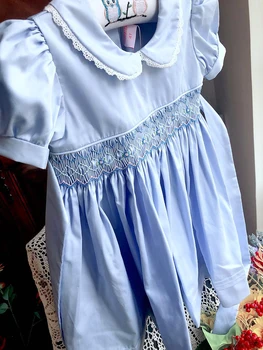 Vaikai Mėlyna suknelė vasaros smocked suknelių rankų darbo medvilnės derliaus vestuvių vaikams drabužiai Princesė Šalies parduotuvių, vaikų drabužiai