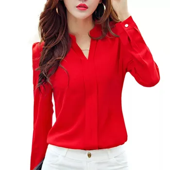 Ilgomis Rankovėmis Marškinėliai Moterims Rudens Drabužių Mados Slim Šifono Palaidinė Su V Kaklo Korėjos Elegantiškas Ponios Office Marškiniai Balta Raudona