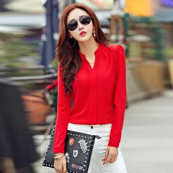 Ilgomis Rankovėmis Marškinėliai Moterims Rudens Drabužių Mados Slim Šifono Palaidinė Su V Kaklo Korėjos Elegantiškas Ponios Office Marškiniai Balta Raudona