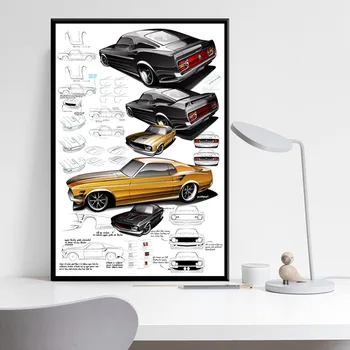 Ford Mustang 50-mečiui Automobilio Raida, Diagramos, Raumenų Meno Tapybos Šilko, Drobės, Sienos Plakatas Namų Dekoro