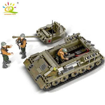 HUIQIBAO 854pcs Karinio Modelio Blokai WW2 T-34 vidutinį Tanką su 3 Kareivis Duomenys Armijos Ginklu Plytų Žaislai Vaikams