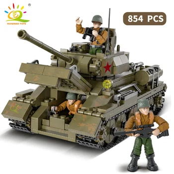 HUIQIBAO 854pcs Karinio Modelio Blokai WW2 T-34 vidutinį Tanką su 3 Kareivis Duomenys Armijos Ginklu Plytų Žaislai Vaikams