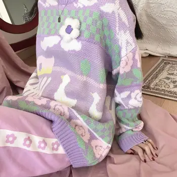 Megztiniai Moterų Mados Harajuku Violetinė Antis Sodas Modelis Saldus Mergaičių Gražus Megztinis O-kaklo Streetwear Prarasti Džemperiai Spalvinga