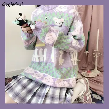 Megztiniai Moterų Mados Harajuku Violetinė Antis Sodas Modelis Saldus Mergaičių Gražus Megztinis O-kaklo Streetwear Prarasti Džemperiai Spalvinga