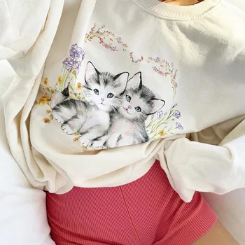 Mados Atsitiktinis Moterų Hoodies Katės Print Long Sleeve O-kaklo Palaidinukė Streetwear Puloveris Hoodie Moterų Drabužiai