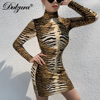 Dulzura tigras gyvūnų spausdinti mini suknelė ilgomis rankovėmis, pirštines bodycon seksualus golfo drabužių streetwear 2019 m. rudenį, žiemą clubwear