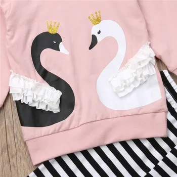 Bamblys Kūdikių, Mergaičių Drabužiai Nustatyti Rudenį Long Sleeve Pink Swan Top marškinėliai Kelnės Nėrinių Pynimas Tracksuit Mergina Drabužiai, Apranga 2vnt