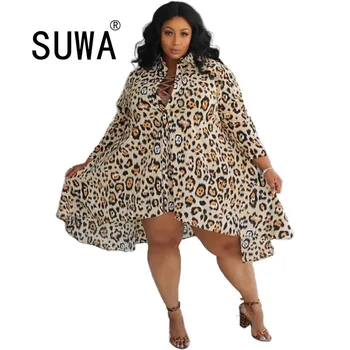 Madinga Prašmatnus Šalies Klubas Leopardas Spausdinti Marškiniai, Palaidinės Ilgomis Rankovėmis Negabaritinių Marškinėliai Suknelės Moterims Didmeninė Plius Dydis Drabužiai