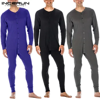 Vyrų Pižama Jumpsuit Long Sleeve V-Kaklo Mygtuką Mens Rompers Sleepwear Nežiūriu vientisos Spalvos Laisvalaikio naktiniai drabužiai Homewear INCERUN S-5XL