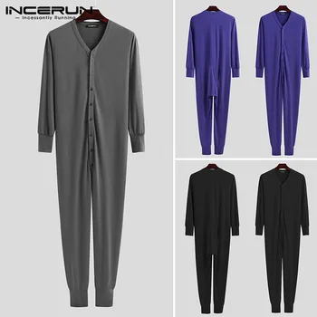Vyrų Pižama Jumpsuit Long Sleeve V-Kaklo Mygtuką Mens Rompers Sleepwear Nežiūriu vientisos Spalvos Laisvalaikio naktiniai drabužiai Homewear INCERUN S-5XL