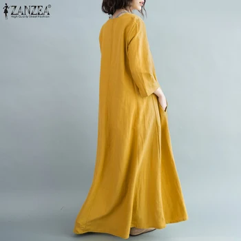 Moterų Rudenį Medvilnės Maxi Suknelė Atsitiktinis Palaidų Skraiste Femme Moterų Kietas Sundress ZANZEA Vintage V Kaklo Plus Size Vestidos S-5XL