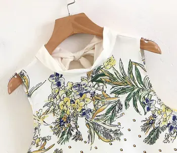 Lanbaiyijia Europoje ir Amerikoje Naujausias Moterų marškinėliai be Rankovių O-kaklo Marškinėliai Gėlių Spausdinti Atgal Nėriniai-up Bowknot Vasaros Moterims topai