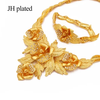 Aukso spalvos papuošalų rinkiniai Afrikos nuotakos vestuvių dovanos moterims, karoliai, apyrankės auskarai, žiedas rinkinys gėlė, juvelyriniai dirbiniai Ornamentu rinkinys