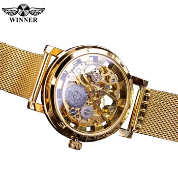 Nugalėtojas Plonas Atveju Visiškai Aukso Dizaino Retro ažūrinės figūrinių Laikrodis Akių Juostos vyriški Mechaniniai Laikrodžiai Top Brand Prabanga Šviesos Rankas